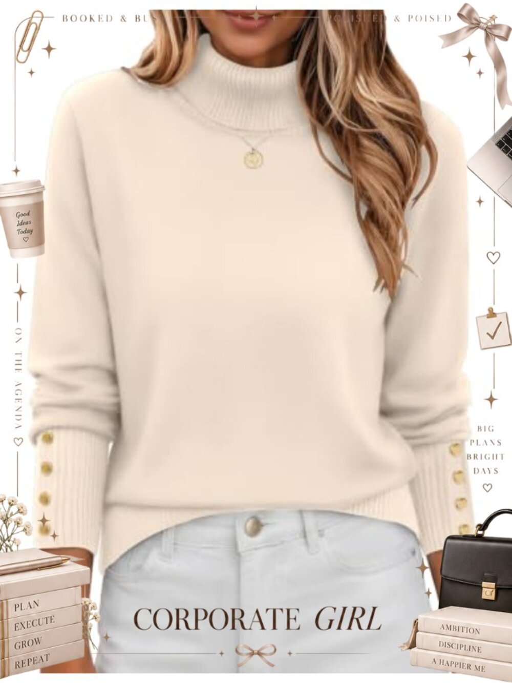 Ribbed Turtleneck Long Sleeve Knit Pullover Sweater Button Cuffs